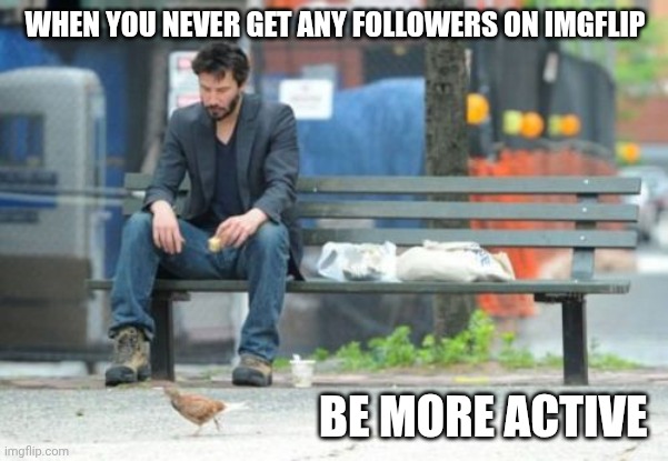 Sad Keanu meme | WHEN YOU NEVER GET ANY FOLLOWERS ON IMGFLIP; BE MORE ACTIVE | image tagged in memes,sad keanu | made w/ Imgflip meme maker