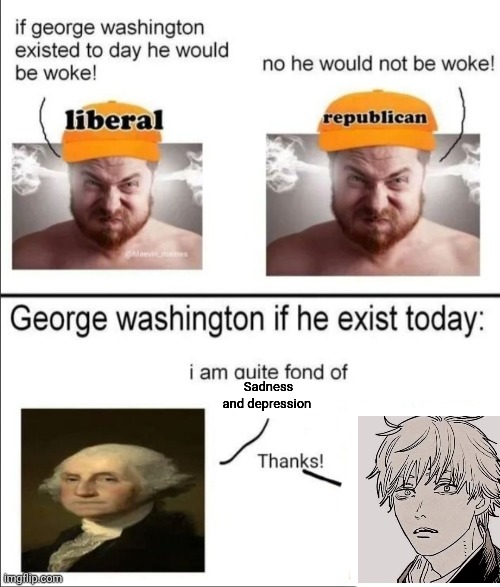 George Washington if he existed today | Sadness and depression | image tagged in george washington if he existed today | made w/ Imgflip meme maker