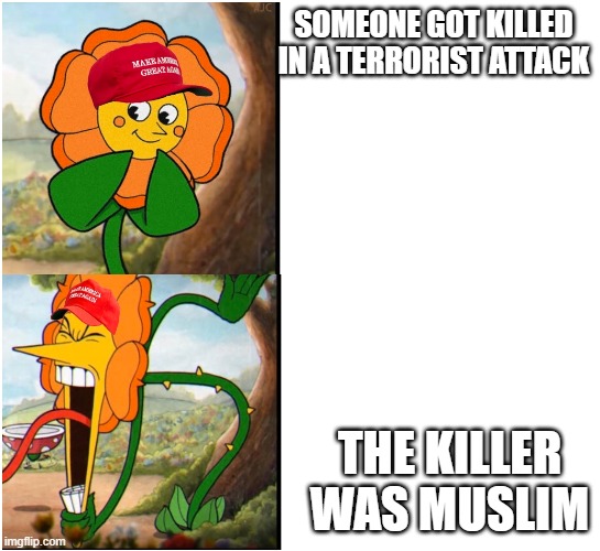 HAPPY THEN ANGRY FLOWERS, MAGA HATS | SOMEONE GOT KILLED IN A TERRORIST ATTACK; THE KILLER WAS MUSLIM | image tagged in happy then angry flowers maga hats | made w/ Imgflip meme maker