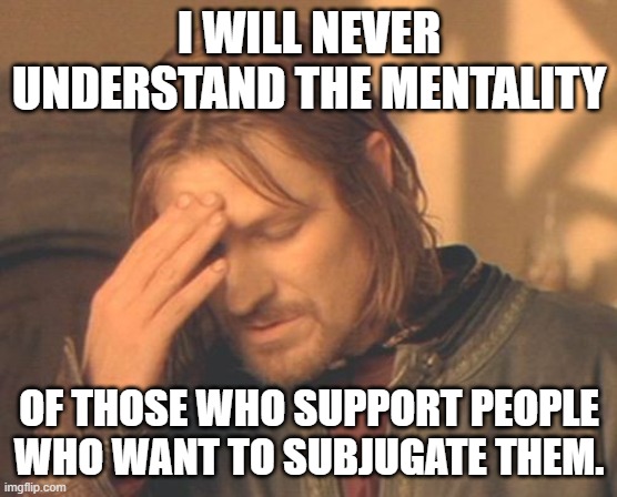 Frustrated Boromir Meme | I WILL NEVER UNDERSTAND THE MENTALITY OF THOSE WHO SUPPORT PEOPLE WHO WANT TO SUBJUGATE THEM. | image tagged in memes,frustrated boromir | made w/ Imgflip meme maker
