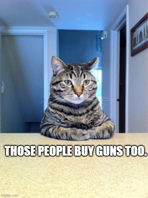 Take A Seat Cat Meme | THOSE PEOPLE BUY GUNS TOO. | image tagged in memes,take a seat cat | made w/ Imgflip meme maker