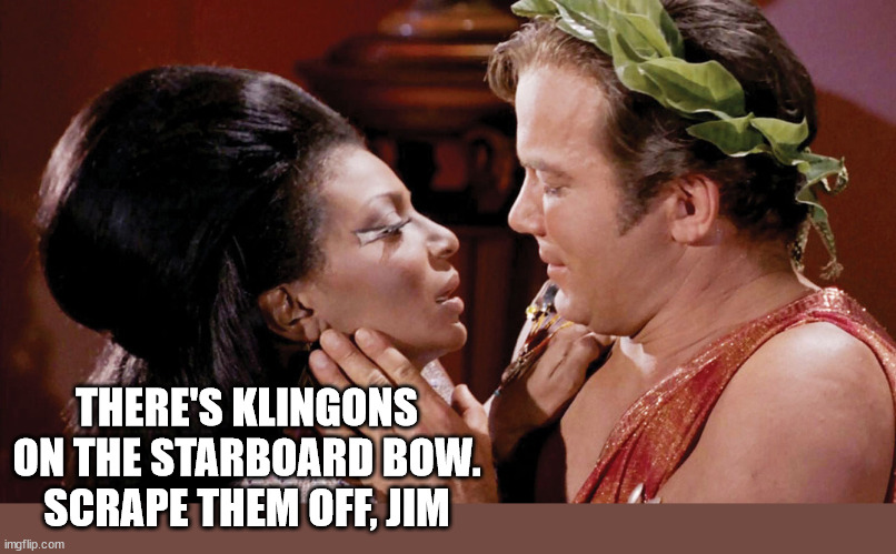 Who remembers this one? | THERE'S KLINGONS ON THE STARBOARD BOW.
SCRAPE THEM OFF, JIM | image tagged in kirk uhuru kiss,the firm,star trekking | made w/ Imgflip meme maker