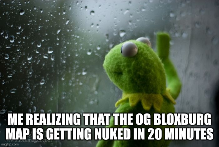 nooooo :(   didn't play THAT much of it | ME REALIZING THAT THE OG BLOXBURG MAP IS GETTING NUKED IN 20 MINUTES | image tagged in kermit window | made w/ Imgflip meme maker
