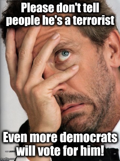 Dr House Facepalm | Please don't tell
people he's a terrorist Even more democrats
will vote for him! | image tagged in dr house facepalm | made w/ Imgflip meme maker