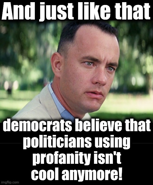 And just like that democrats believe that
politicians using
profanity isn't
cool anymore! | image tagged in memes,and just like that,blank black | made w/ Imgflip meme maker