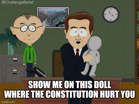 The constitution | @ChallengeBelief; SHOW ME ON THIS DOLL WHERE THE CONSTITUTION HURT YOU | image tagged in show me on this doll | made w/ Imgflip meme maker