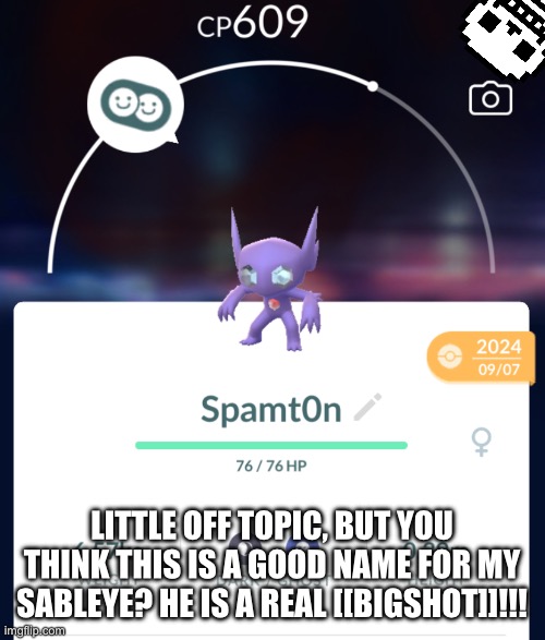 Is this a good name for my- sans get out of there! | LITTLE OFF TOPIC, BUT YOU THINK THIS IS A GOOD NAME FOR MY SABLEYE? HE IS A REAL [[BIGSHOT]]!!! | image tagged in idk,sans le topic | made w/ Imgflip meme maker