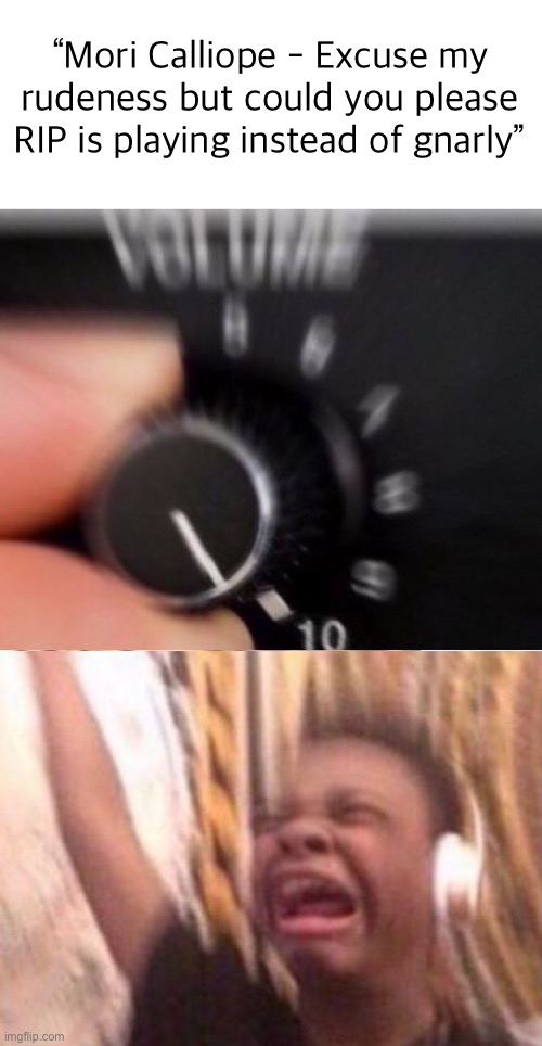 Turn up the volume | “Mori Calliope - Excuse my rudeness but could you please RIP is playing instead of gnarly” | image tagged in turn up the volume | made w/ Imgflip meme maker