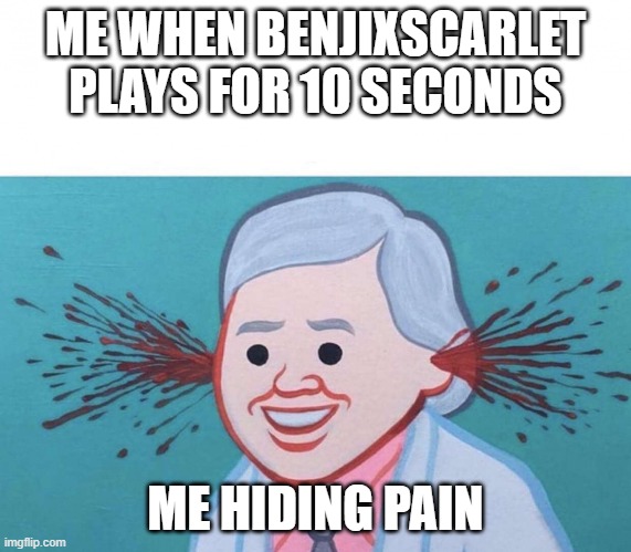 Ear Bleed | ME WHEN BENJIXSCARLET PLAYS FOR 10 SECONDS ME HIDING PAIN | image tagged in ear bleed | made w/ Imgflip meme maker