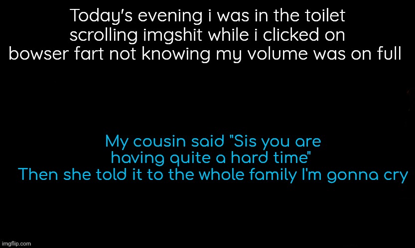 The Blue | Today's evening i was in the toilet scrolling imgshit while i clicked on bowser fart not knowing my volume was on full; My cousin said "Sis you are having quite a hard time" 
Then she told it to the whole family I'm gonna cry | image tagged in the blue | made w/ Imgflip meme maker