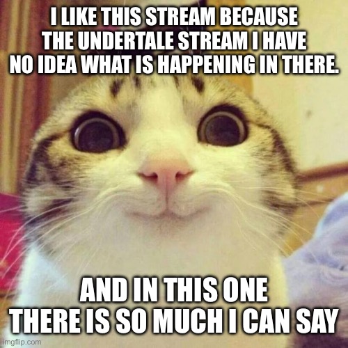 Smiling Cat | I LIKE THIS STREAM BECAUSE THE UNDERTALE STREAM I HAVE NO IDEA WHAT IS HAPPENING IN THERE. AND IN THIS ONE THERE IS SO MUCH I CAN SAY | image tagged in memes,smiling cat | made w/ Imgflip meme maker