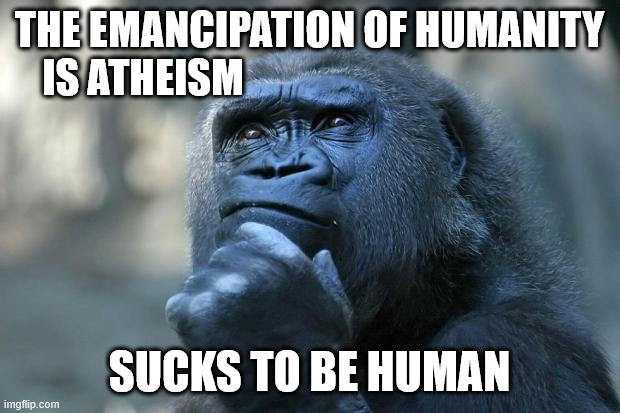 Emancipation Of Humanity | THE EMANCIPATION OF HUMANITY
IS ATHEISM; SUCKS TO BE HUMAN | image tagged in deep thoughts,atheist,atheism,critical thinking,humanity | made w/ Imgflip meme maker