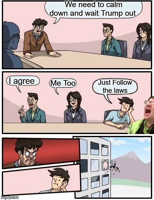 I don't like dem policies never have, they just always sound nuts to me. | We need to calm down and wait Trump out; I agree; Me Too; Just Follow the laws | image tagged in memes,boardroom meeting suggestion | made w/ Imgflip meme maker