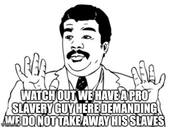 Neil deGrasse Tyson Meme | WATCH OUT WE HAVE A PRO SLAVERY GUY HERE DEMANDING WE DO NOT TAKE AWAY HIS SLAVES | image tagged in memes,neil degrasse tyson | made w/ Imgflip meme maker