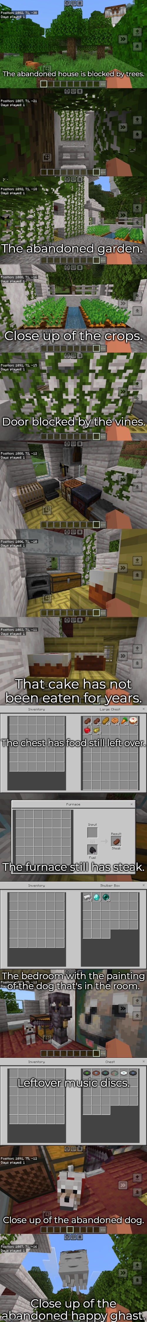 I made an abandoned house in Minecraft. | The abandoned house is blocked by trees. The abandoned garden. Close up of the crops. Door blocked by the vines. That cake has not been eaten for years. The chest has food still left over. The furnace still has steak. The bedroom with the painting of the dog that's in the room. Leftover music discs. Close up of the abandoned dog. Close up of the abandoned happy ghast. | made w/ Imgflip meme maker