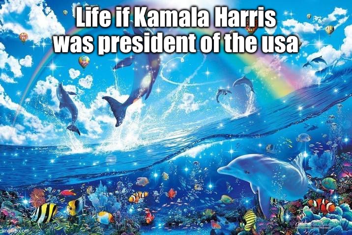 Happy dolphin rainbow | Life if Kamala Harris was president of the usa | image tagged in happy dolphin rainbow | made w/ Imgflip meme maker