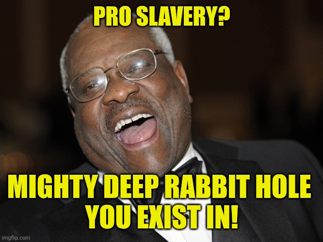 Clarence Thomas Laughing | PRO SLAVERY? MIGHTY DEEP RABBIT HOLE 
YOU EXIST IN! | image tagged in clarence thomas laughing | made w/ Imgflip meme maker