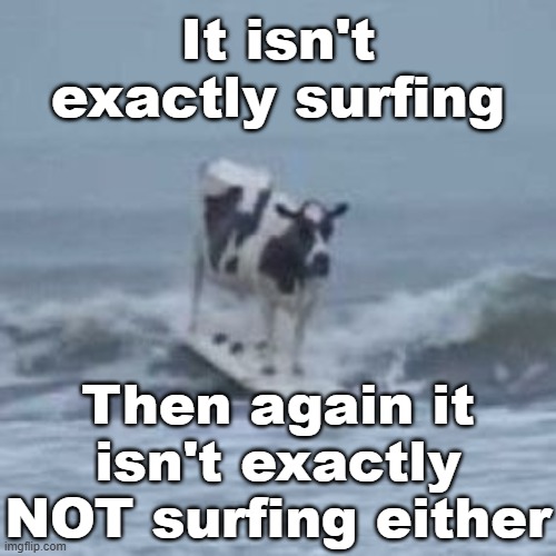 Surf(ace) level cow meme. It will be making wavez! | It isn't exactly surfing; Then again it isn't exactly NOT surfing either | image tagged in memez,cowz by the sea,in the ocean,on the lake | made w/ Imgflip meme maker
