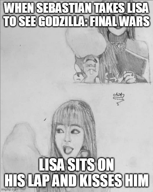 lisa | WHEN SEBASTIAN TAKES LISA TO SEE GODZILLA: FINAL WARS; LISA SITS ON HIS LAP AND KISSES HIM | image tagged in lisa blackpink | made w/ Imgflip meme maker