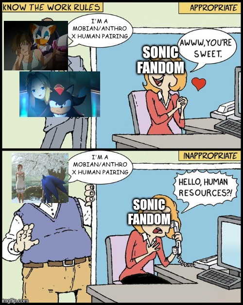 How the Sonic Fandom views Mobian/Anthro x Human ships, apparently. | I'M A MOBIAN/ANTHRO X HUMAN PAIRING; SONIC FANDOM; I'M A MOBIAN/ANTHRO X HUMAN PAIRING; SONIC FANDOM | image tagged in hello human resources,sonic the hedgehog,mobian x human,anthro x human,sonic meme,sonic shipping | made w/ Imgflip meme maker