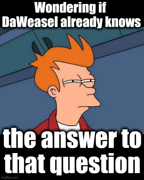 Wondering if 
DaWeasel already knows the answer to
that question | image tagged in memes,futurama fry,blank black | made w/ Imgflip meme maker