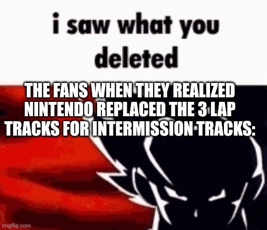 i saw what you deleted | THE FANS WHEN THEY REALIZED NINTENDO REPLACED THE 3 LAP TRACKS FOR INTERMISSION TRACKS: | image tagged in i saw what you deleted | made w/ Imgflip meme maker