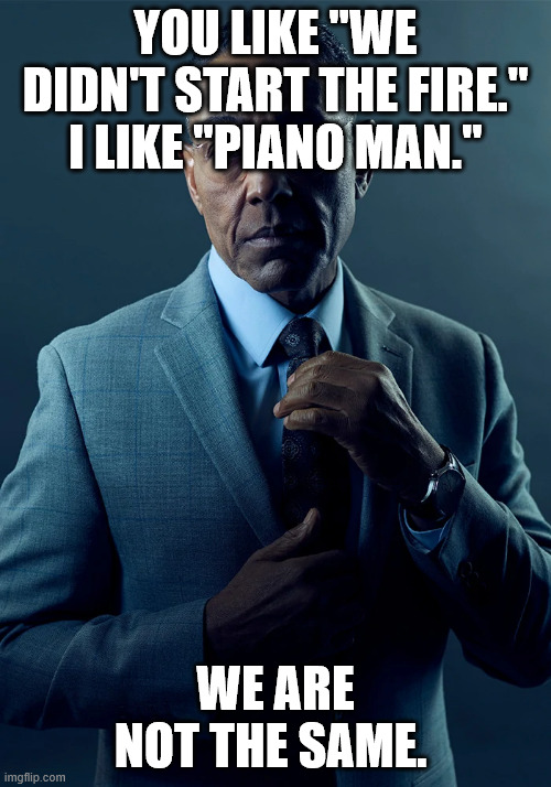 There are different kinds of Billy Joel fans. | YOU LIKE "WE DIDN'T START THE FIRE." I LIKE "PIANO MAN."; WE ARE NOT THE SAME. | image tagged in we are not the same | made w/ Imgflip meme maker