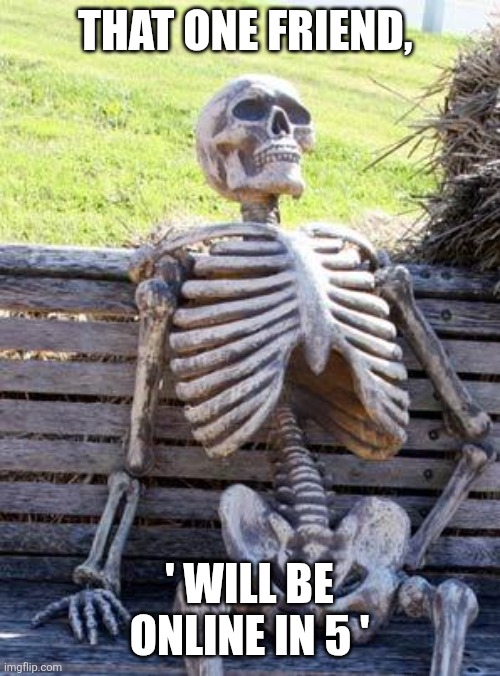 Waiting Skeleton | THAT ONE FRIEND, ' WILL BE ONLINE IN 5 ' | image tagged in memes,waiting skeleton | made w/ Imgflip meme maker
