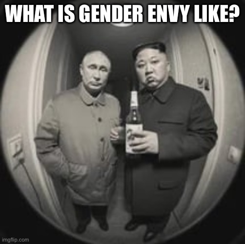 Random question about nothing in particular | WHAT IS GENDER ENVY LIKE? | image tagged in kim jong un at your door feat vladimir putin | made w/ Imgflip meme maker