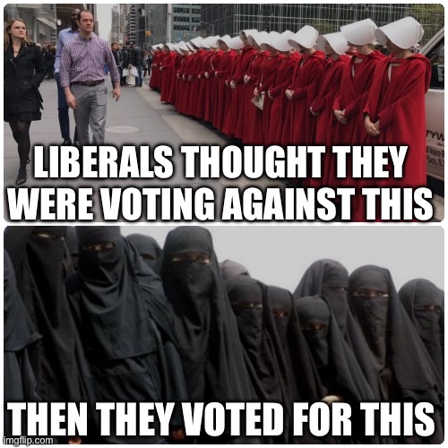 Handmaid’s to Burka’s | LIBERALS THOUGHT THEY WERE VOTING AGAINST THIS; THEN THEY VOTED FOR THIS | image tagged in handmaids,burkas,liberals,trump,new york,democrats | made w/ Imgflip meme maker