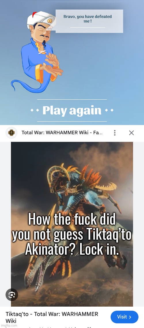 The worst part is it went through two other lizardmen lords before giving up. | How the fuck did you not guess Tiktaq’to Akinator? Lock in. | made w/ Imgflip meme maker