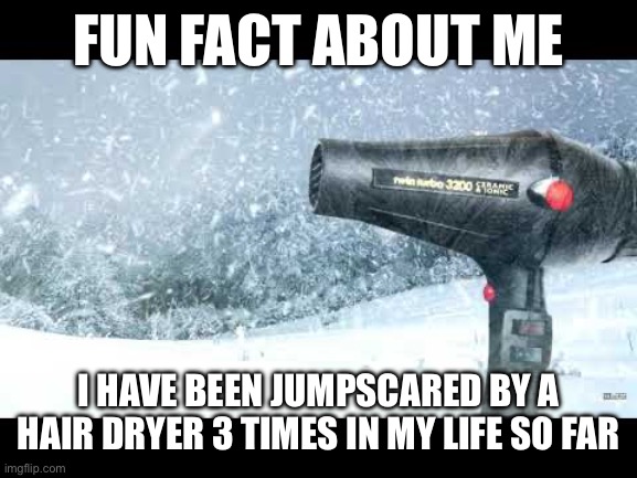 Hair dryer | FUN FACT ABOUT ME; I HAVE BEEN JUMPSCARED BY A HAIR DRYER 3 TIMES IN MY LIFE SO FAR | image tagged in hair dryer | made w/ Imgflip meme maker