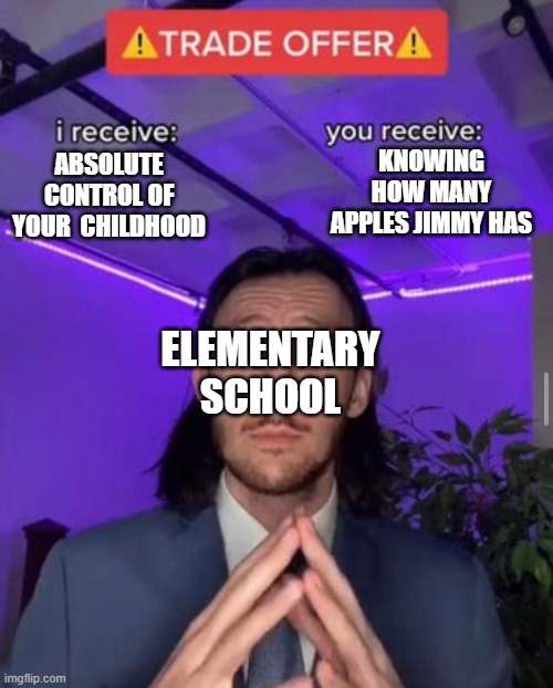 School | KNOWING HOW MANY APPLES JIMMY HAS; ABSOLUTE CONTROL OF YOUR  CHILDHOOD; ELEMENTARY SCHOOL | image tagged in i receive you receive | made w/ Imgflip meme maker