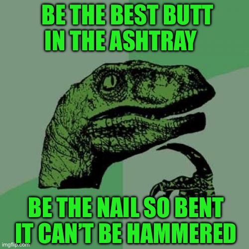 Philosoraptor | BE THE BEST BUTT IN THE ASHTRAY; BE THE NAIL SO BENT IT CAN’T BE HAMMERED | image tagged in memes,philosoraptor | made w/ Imgflip meme maker