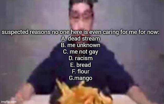 I'm js asking | suspected reasons no one here is even caring for me for now:
A. dead stream
B. me unknown
C. me not gay
D. racism
E. bread
F. flour
G.mango | image tagged in are these fries | made w/ Imgflip meme maker