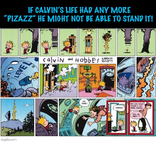 IF CALVIN’S LIFE HAD ANY MORE “PIZAZZ” HE MIGHT NOT BE ABLE TO STAND IT! | image tagged in calvin and hobbes,comics,imagination,more pizazz | made w/ Imgflip meme maker