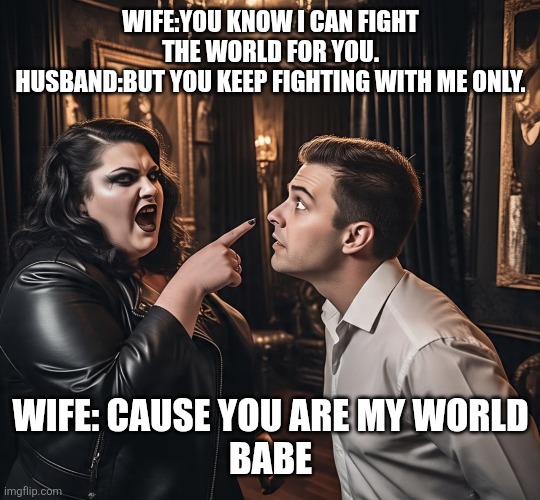 Partner | WIFE:YOU KNOW I CAN FIGHT THE WORLD FOR YOU.
HUSBAND:BUT YOU KEEP FIGHTING WITH ME ONLY. WIFE: CAUSE YOU ARE MY WORLD
BABE | image tagged in couples | made w/ Imgflip meme maker