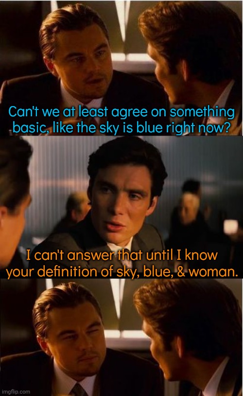 The obfuscation and sealioning of modern conservatives. | Can't we at least agree on something basic, like the sky is blue right now? I can't answer that until I know your definition of sky, blue, & woman. | image tagged in memes,inception,conservative logic,confusion,strategy | made w/ Imgflip meme maker