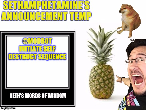 Seth's announcement temp | @MODBOT INITIATE SELF DESTRUCT SEQUENCE | image tagged in seth's announcement temp | made w/ Imgflip meme maker