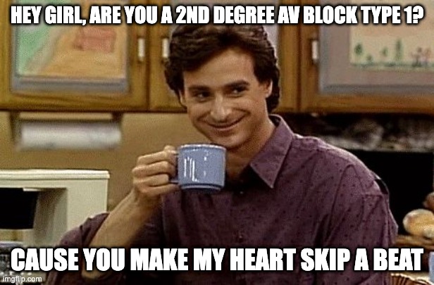Hey girl HAAAA-V block | HEY GIRL, ARE YOU A 2ND DEGREE AV BLOCK TYPE 1? CAUSE YOU MAKE MY HEART SKIP A BEAT | image tagged in dad joke | made w/ Imgflip meme maker