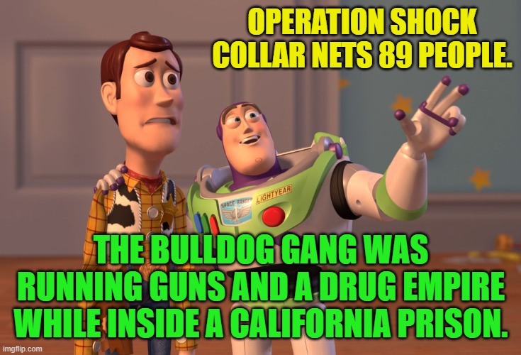 X, X Everywhere Meme | OPERATION SHOCK COLLAR NETS 89 PEOPLE. THE BULLDOG GANG WAS RUNNING GUNS AND A DRUG EMPIRE WHILE INSIDE A CALIFORNIA PRISON. | image tagged in memes,x x everywhere | made w/ Imgflip meme maker