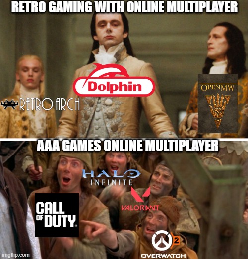 Volturi vs Peasants | RETRO GAMING WITH ONLINE MULTIPLAYER; AAA GAMES ONLINE MULTIPLAYER | image tagged in volturi vs peasants | made w/ Imgflip meme maker