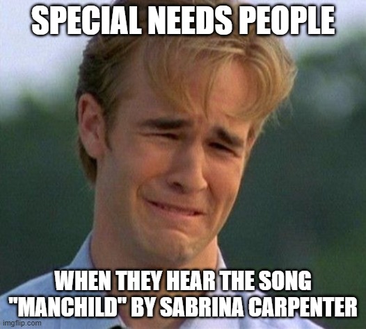 Is this accurate? | SPECIAL NEEDS PEOPLE; WHEN THEY HEAR THE SONG "MANCHILD" BY SABRINA CARPENTER | image tagged in memes,1990s first world problems,sabrina carpenter,pop music,ableism,so yeah | made w/ Imgflip meme maker