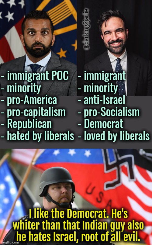 If not for double standards liberals would have no standards at all | @darking2jarlie; - immigrant POC
- minority 
- pro-America
- pro-capitalism
- Republican
- hated by liberals; - immigrant
- minority 
- anti-Israel 
- pro-Socialism
- Democrat
- loved by liberals; I like the Democrat. He's whiter than that Indian guy also he hates Israel, root of all evil. | image tagged in alt right,liberals,liberal logic,liberal hypocrisy,democrats,politics | made w/ Imgflip meme maker