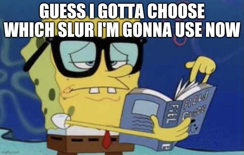 Spongebob reading a book | GUESS I GOTTA CHOOSE WHICH SLUR I'M GONNA USE NOW | image tagged in spongebob reading a book | made w/ Imgflip meme maker