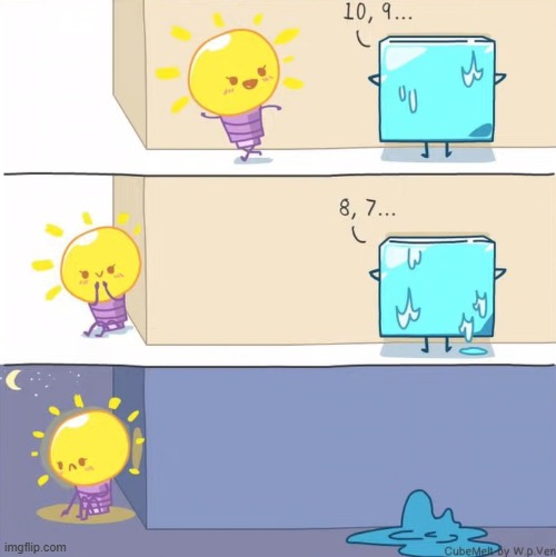 image tagged in ice cube,light bulb,hide and seek,melting,water,night | made w/ Imgflip meme maker