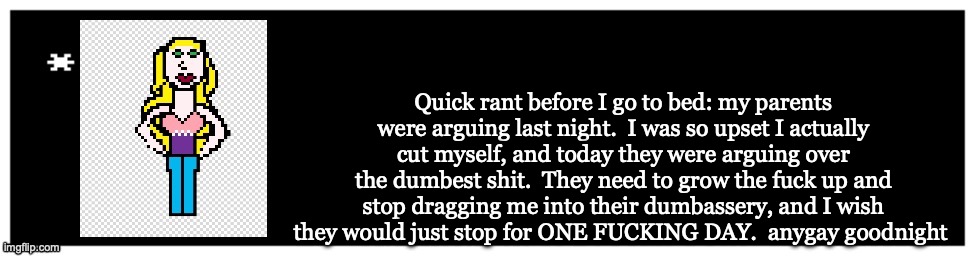 anygays goodnight :D | Quick rant before I go to bed: my parents were arguing last night.  I was so upset I actually cut myself, and today they were arguing over the dumbest shit.  They need to grow the fuck up and stop dragging me into their dumbassery, and I wish they would just stop for ONE FUCKING DAY.  anygay goodnight | image tagged in viviella textbox | made w/ Imgflip meme maker