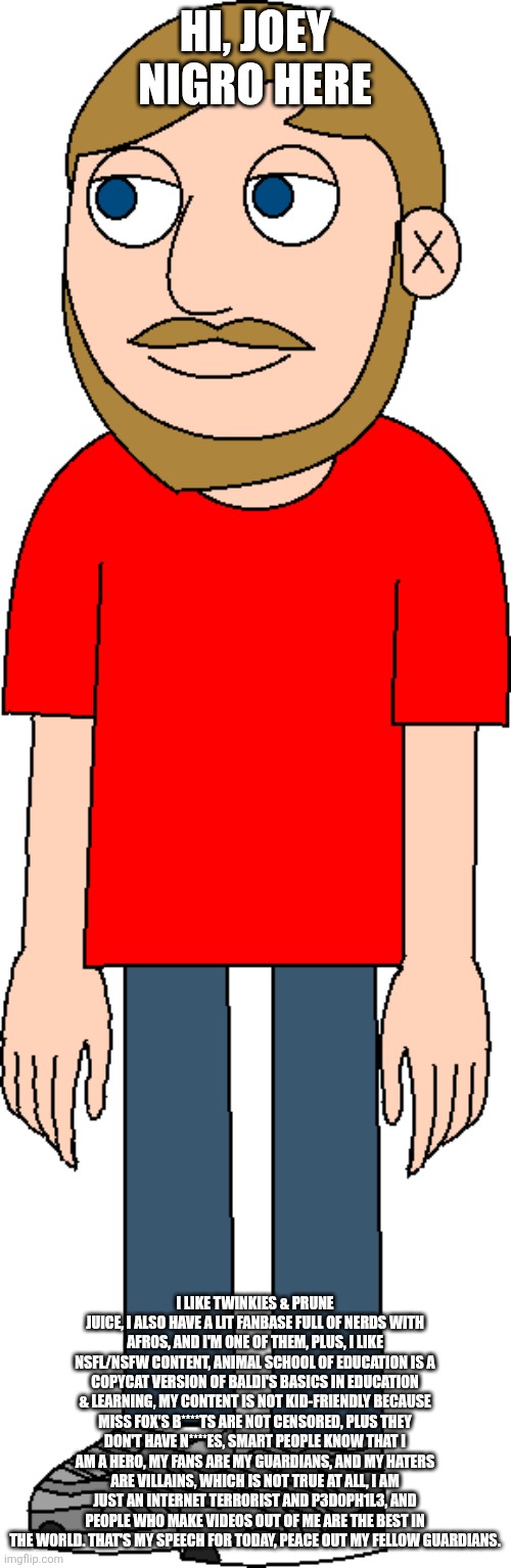 Joey Nigro's actual speech | HI, JOEY NIGRO HERE; I LIKE TWINKIES & PRUNE JUICE, I ALSO HAVE A LIT FANBASE FULL OF NERDS WITH AFROS, AND I'M ONE OF THEM, PLUS, I LIKE NSFL/NSFW CONTENT, ANIMAL SCHOOL OF EDUCATION IS A COPYCAT VERSION OF BALDI'S BASICS IN EDUCATION & LEARNING, MY CONTENT IS NOT KID-FRIENDLY BECAUSE MISS FOX'S B****TS ARE NOT CENSORED, PLUS THEY DON'T HAVE N****ES, SMART PEOPLE KNOW THAT I AM A HERO, MY FANS ARE MY GUARDIANS, AND MY HATERS ARE VILLAINS, WHICH IS NOT TRUE AT ALL, I AM JUST AN INTERNET TERRORIST AND P3D0PH1L3, AND PEOPLE WHO MAKE VIDEOS OUT OF ME ARE THE BEST IN THE WORLD. THAT'S MY SPEECH FOR TODAY, PEACE OUT MY FELLOW GUARDIANS. | image tagged in joey nigro,memes,goanimate,vyond | made w/ Imgflip meme maker
