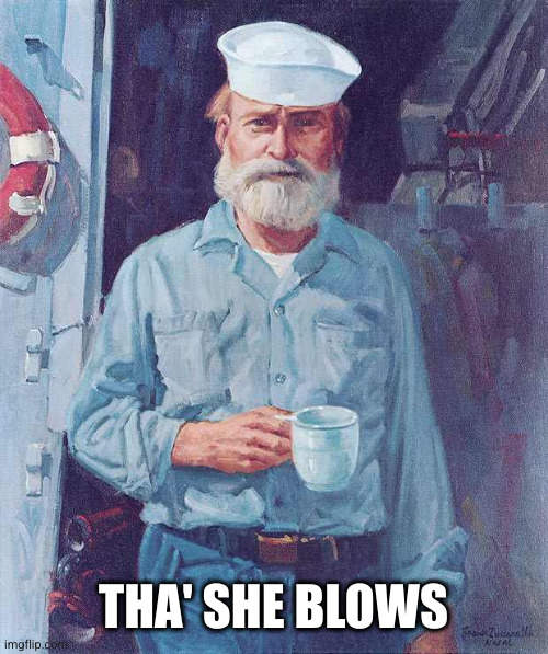THA' SHE BLOWS | image tagged in old sailor | made w/ Imgflip meme maker
