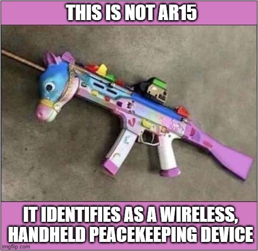 In The Insane World Of DEI, Do Not Make Assumptions ! | THIS IS NOT AR15; IT IDENTIFIES AS A WIRELESS, HANDHELD PEACEKEEPING DEVICE | image tagged in dei,madness,ar15,identity,politics | made w/ Imgflip meme maker